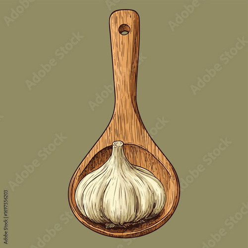 Garlic Bulbs on Rustic Wooden Ladle