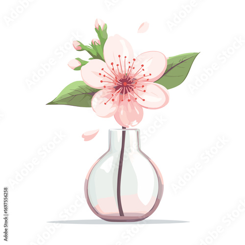 Cute cartoon illustration of a single pink cherry blossom in a small glass vase