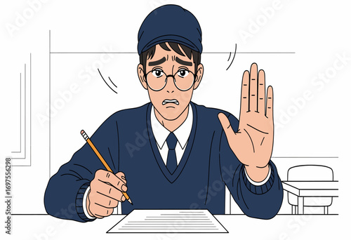 Stressed male student in uniform feeling overwhelmed and anxious during a difficult school exam, showing a gesture of refusal