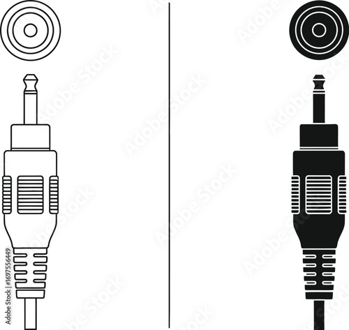 Two audio jack connectors, one outlined and one solid black, against a white background.