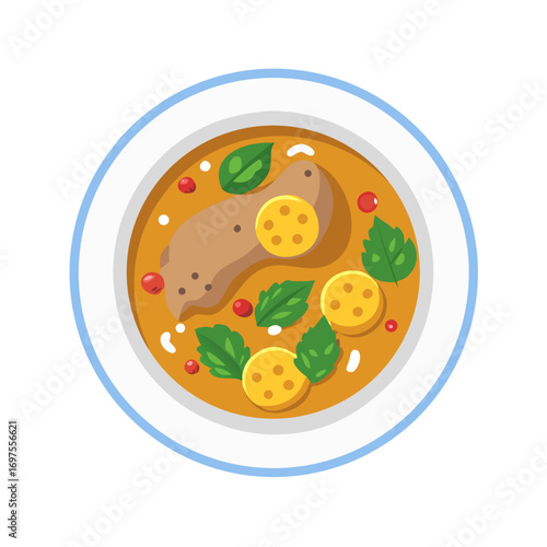 Stylized overhead view of soup bowl with garnishes