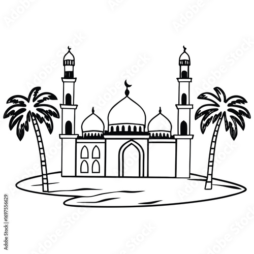 Black Silhouette Vector of Mosque Silhouette with Crescent