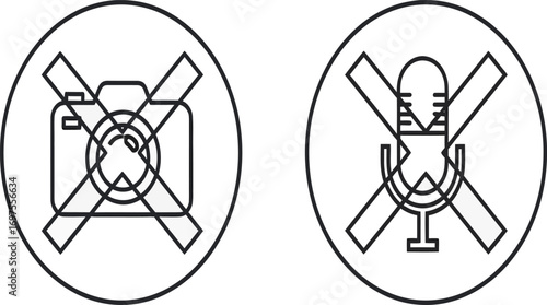 A set of thin line prohibition icons indicating a ban on photography and audio recording, representing confidentiality and restricted zones