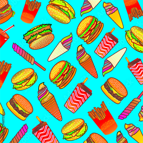 Fast food cartoon icons. Seamless pattern of fast food pattern background. Colorful fast food cartoon pattern. Set of hand drawn fast food illustration.Junkfood icon pattern background.