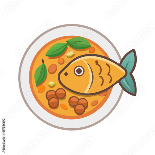 Cartoon fish soup bowl vector illustration top view