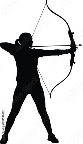 Focused female archer aiming bow and arrow with precision and determination