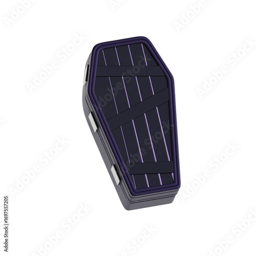Isolated three-dimensional rendering of a dark purple coffin. A spooky and mysterious gothic object perfect for Halloween themed designs