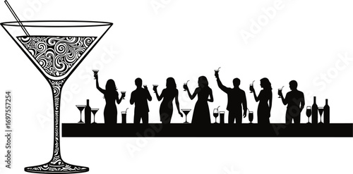 Silhouettes of people enjoying cocktails at a lively bar with a large martini glass.