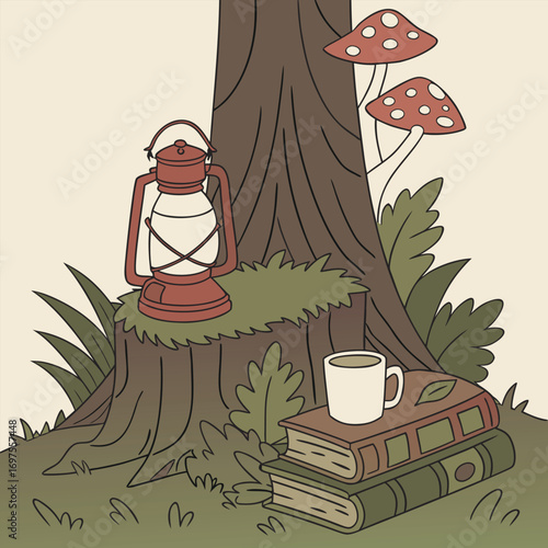 Forest Scene with Lantern Books and Mushrooms woods