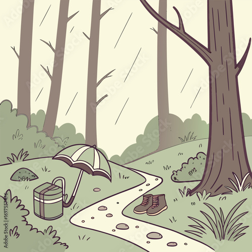 Forest path with umbrella, luggage, and boots on a rainy day