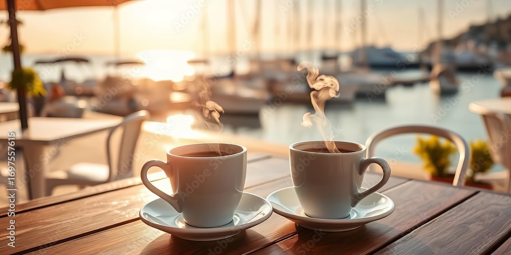 Fototapeta premium Two steaming coffee cups on a seaside cafe table, sunny harbor view, morning coffee, holiday
