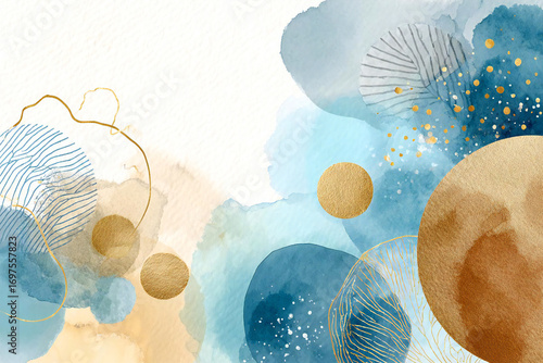 抽象的な水彩画、青と金色の円、エレガントな背景