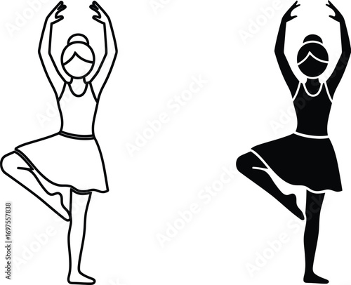 Graceful ballerina in elegant pose, depicted in outline and silhouette
