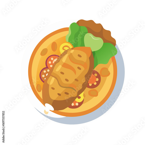 Colorful flat vector food illustration of healthy lunch meal