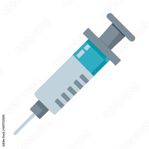 Syringe illustration with blue liquid against a black background