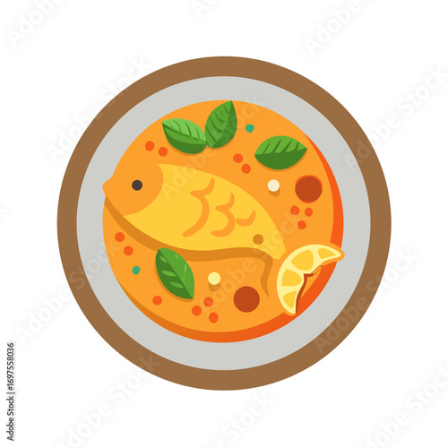 Stylized illustration of fish soup bowl with garnish