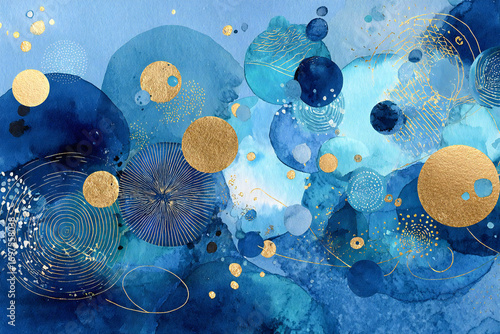 抽象的な水彩画、青と金色の円、エレガントな背景
