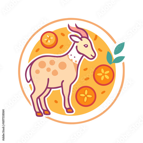 Goat with orange slices in a colorful flat design
