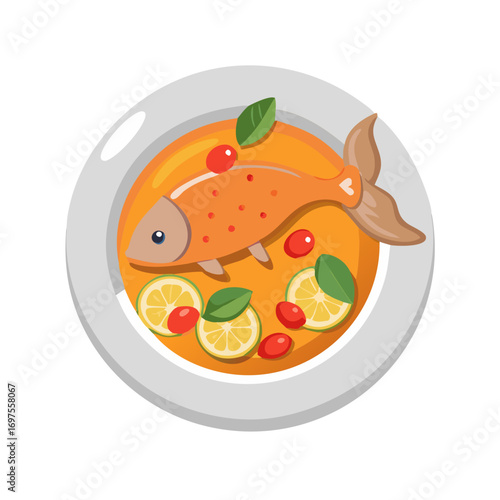 Cartoon fish soup with lemon and basil on plate