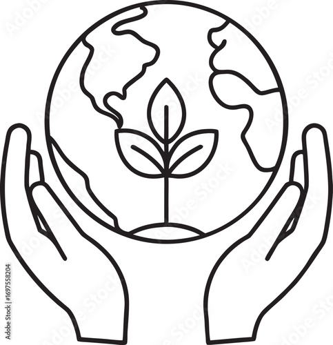 Hands Holding Planet Earth with Sprouting Plant Icon
