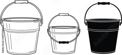 Three buckets of varying sizes, one black, two white, arranged side by side