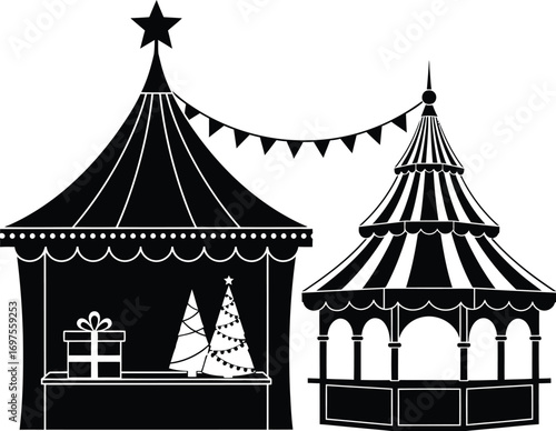 Festive holiday market stalls with decorated trees and gift, creating a cheerful winter atmosphere.