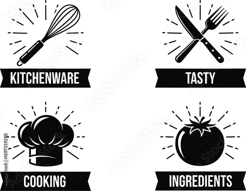 Set of four black and white icons representing cooking, kitchenware, ingredients, and taste.