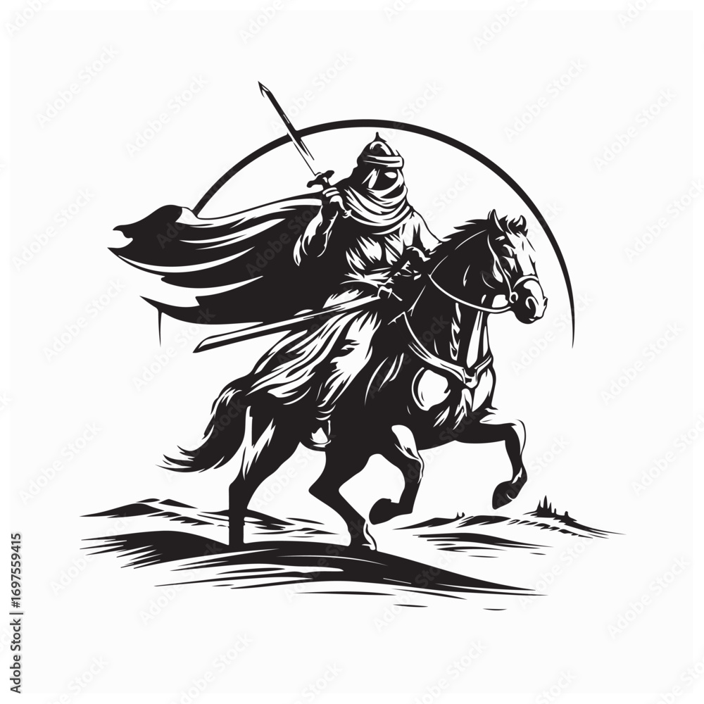 Obraz premium Arabian Knight Riding Horse Across Desert, Medieval Vector Art Illustration Design