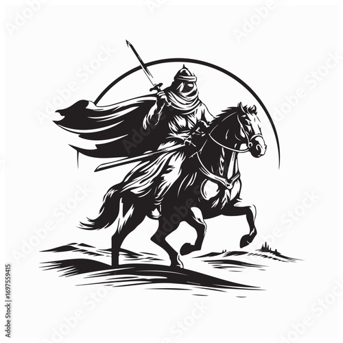 Arabian Knight Riding Horse Across Desert, Medieval Vector Art Illustration Design