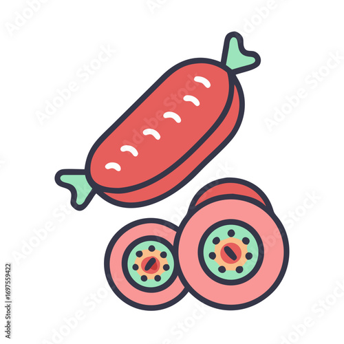 Stylized sausage and sliced sausage vector illustration on black