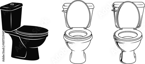 Three toilet illustrations showing different styles and colors for bathroom design concepts