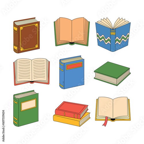 Colorful Cartoon Books Collection Open and Closed for Education and Reading Enthusiasts Illustration