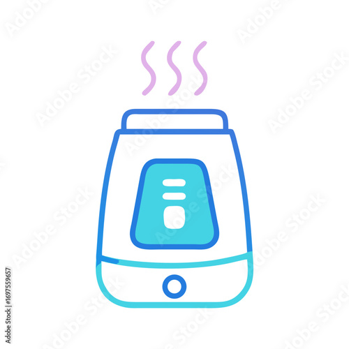 Blue humidifier on black background with pink steam graphic