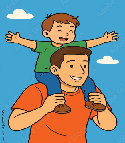 father carrying son on own shoulder