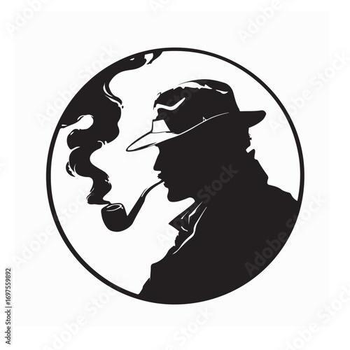Silhouette of Bandit with Hat and Smoking Pipe Vector on white background