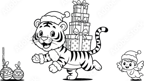 Joyful tiger wearing Santa hat carries stack of Christmas presents, with small angel and ornaments nearby