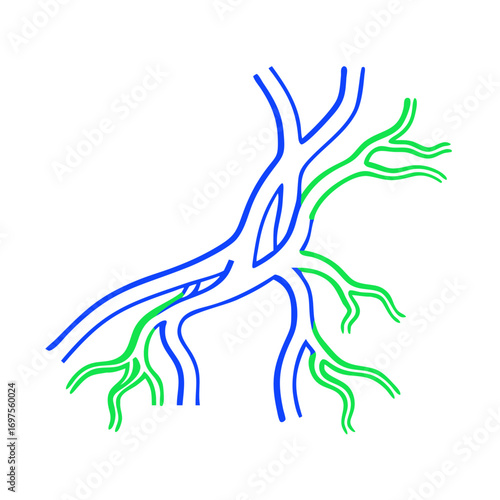 Graphic blue and green branching pattern against black background