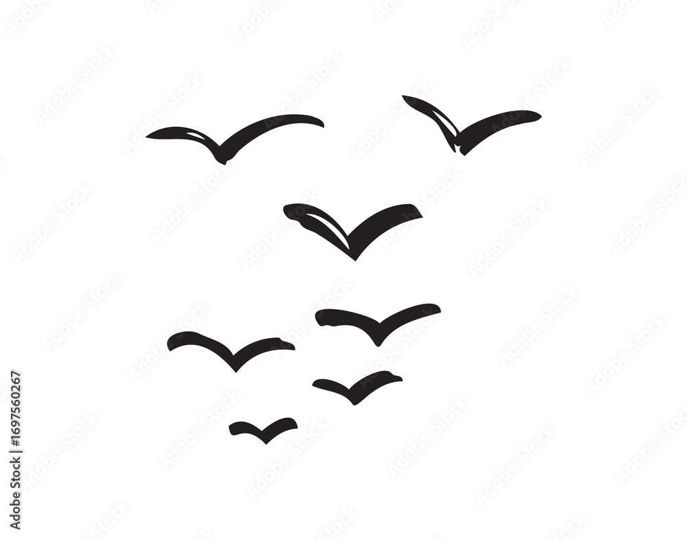 Naklejka premium Birds flying line in the sky set. Ink grunge flock of birds afar brush hand drawn. markers and crayons