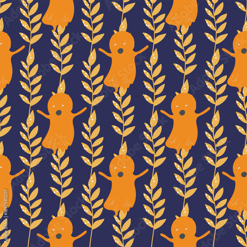 Seamless seasonal background with autumn leaves and cute ghosts.