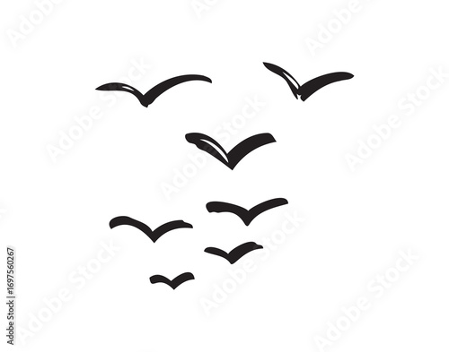 Birds flying line in the sky set. Ink grunge flock of birds afar brush hand drawn. markers and crayons