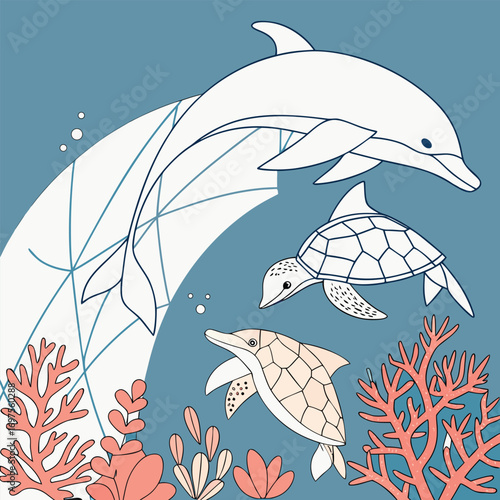 Outline of Marine Animals with Coral and Bubbles dolphin