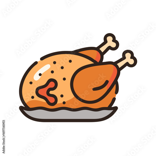 Stylized roasted chicken on a platter against black background