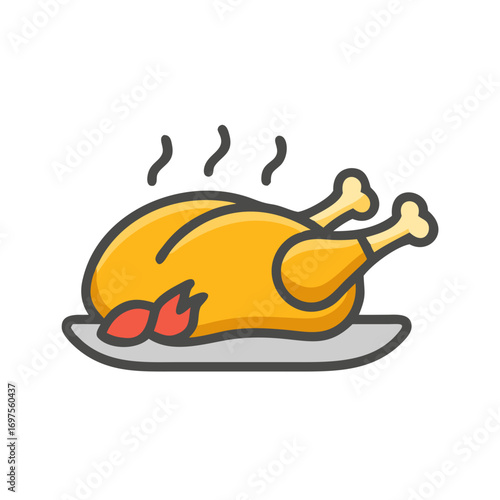 Roasted turkey on plate for Thanksgiving feast illustration