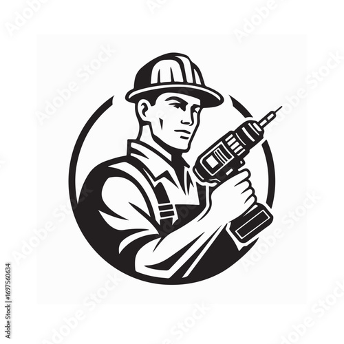 Builder with Power Drill Logo Design Vector Illustration on white background