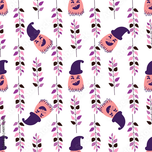 Seamless Halloween design with smiling pumpkins and colorful leaves.