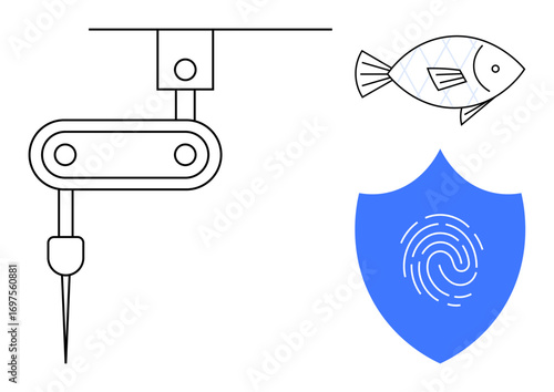 Robotic arm with needle tool emphasizes technology, fish represents sustainability, fingerprint-shield symbolizes data security. Ideal for innovation, automation, eco-awareness, protection