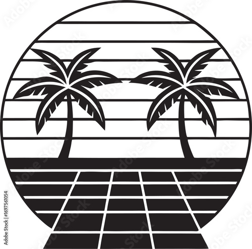 Retro Palm Trees Sunset Circle Graphic Keywords: retro, palm trees, sunset, circle, graphic
