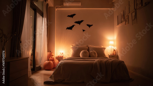 A cozy bedroom decorated for autumn or Halloween with pumpkins and bats.
