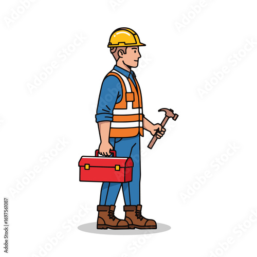Construction Worker with Hard Hat, Toolbox, and Hammer on White Background