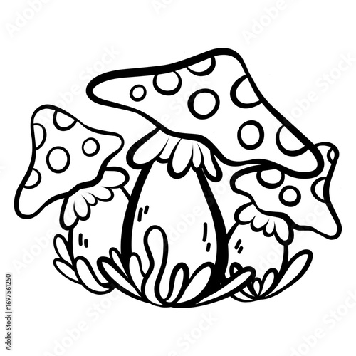Black and white line drawing of mushrooms